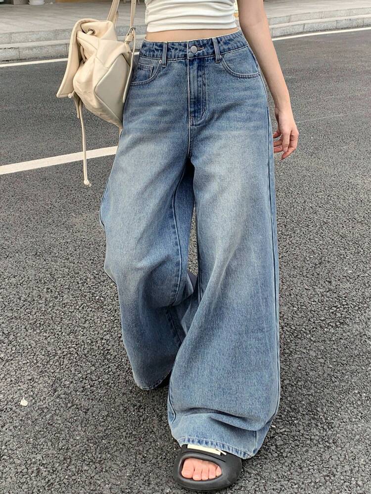 Casual Distressed Loose Fit Wide Leg Jeans Low Rise Jeans
