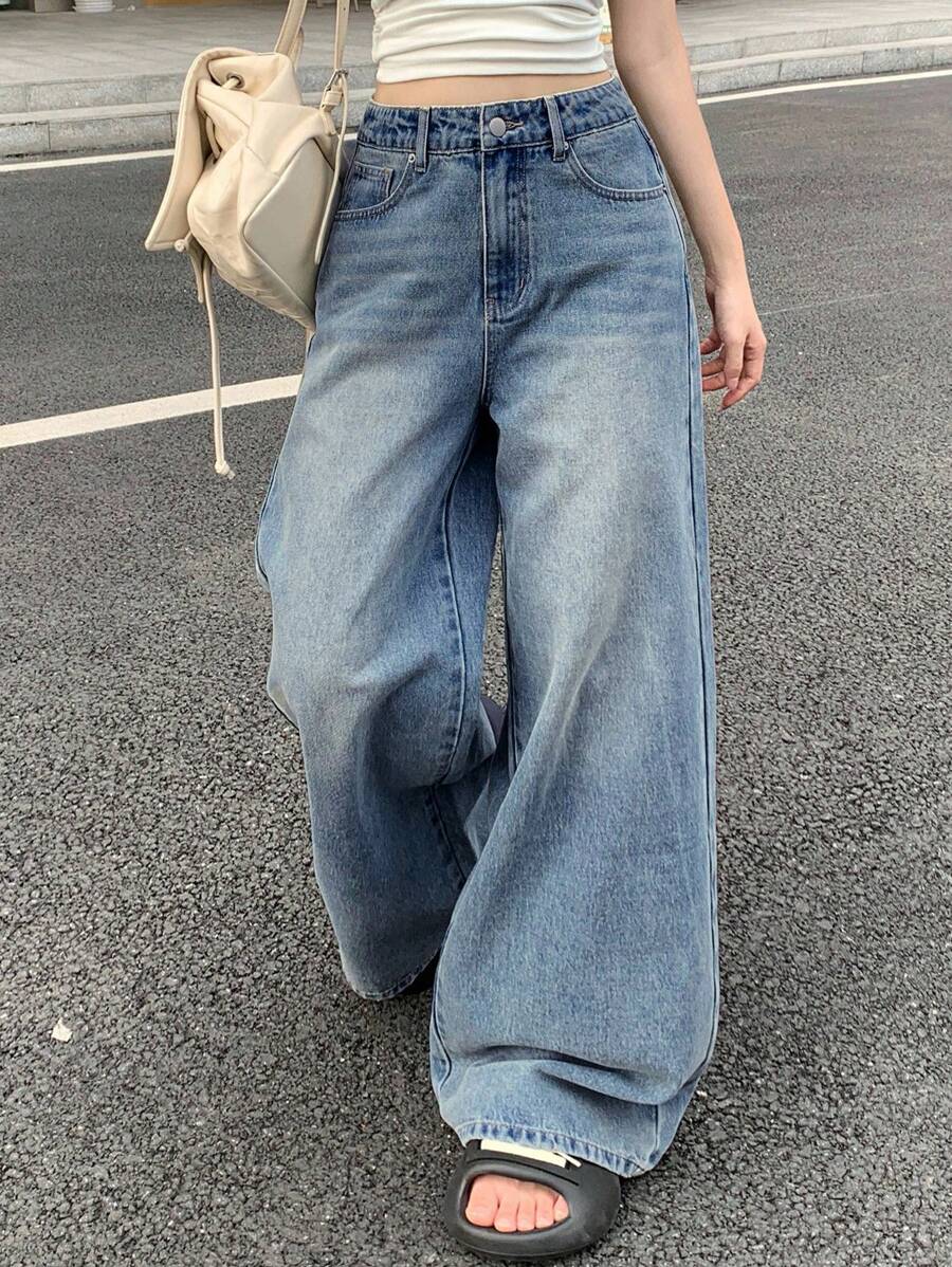 DAZY 休闲做旧宽松阔腿低腰牛仔裤