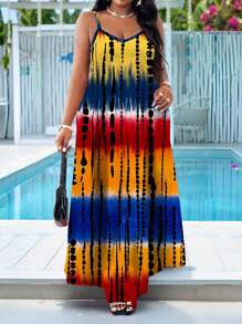 SHEIN Lady Vestido de tirantes con estampado de teñido anudado, patrón de contraste de puntada, estilo casual de primavera y verano, vestido playero de bola con correas, vestido de talla grande, vestido a cuadros, vestido africano