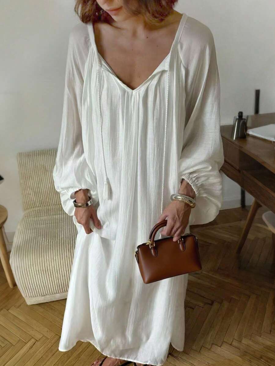 INAWLY Rochie de damă la modă, casual, retro, romantică, minimalistă, cu mânecă lungă, de culoare solidă, potrivită pentru vacanță - alb - Vizualizare 1