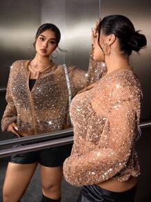 SHEIN EZwear Plus Size Women's Sequin Sheer Long Sleeve Zip Front Baseball Collar Jacket Gold Sequin Top Sequin Jacket Winter Fall Autumn Halloween
