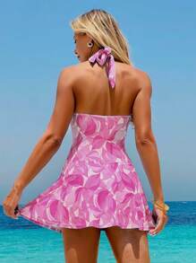Swim Lushoire 女士性感连体泳衣沙滩装，随机性感印花连体泳衣和泳衣 - 粉色 - 查看 2