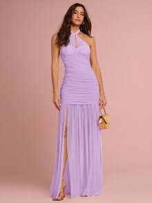 Enchnt Vestido halter sexy de unicolor con pliegues y abertura en el bajo