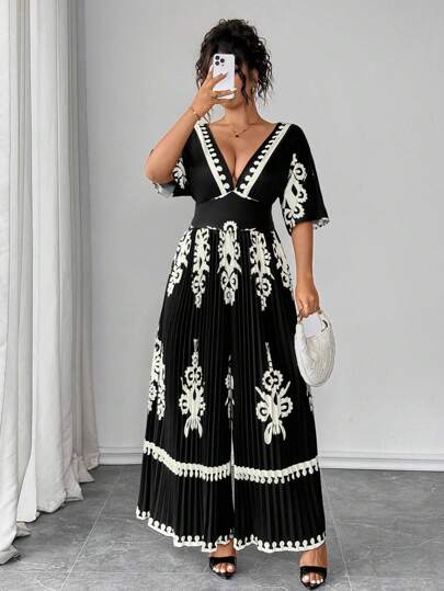 Elenzga 复古休闲度假风褶皱无袖抽绳腰褶长裤连体裤，黑色，加大码，春夏秋季