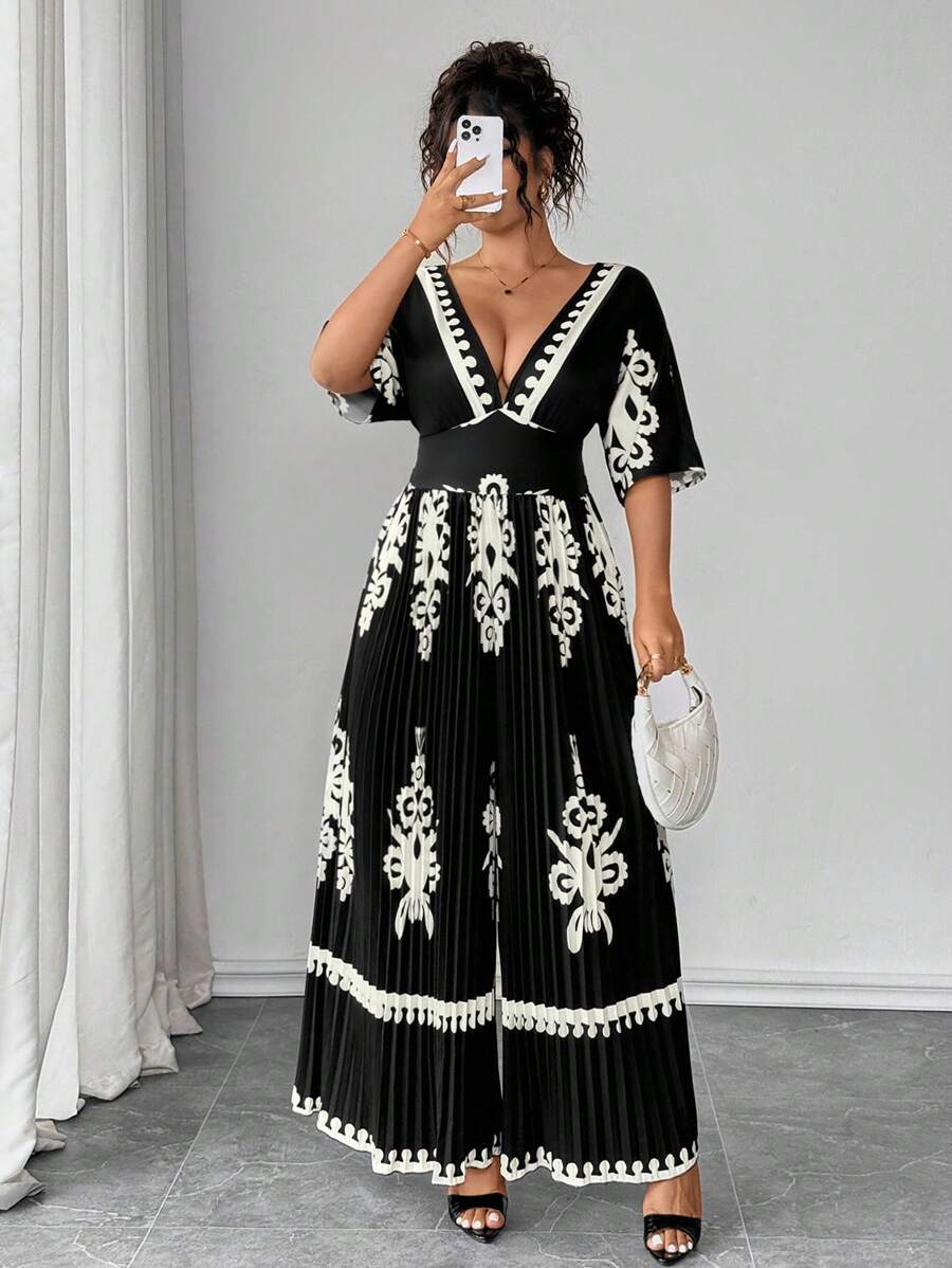 Elenzga 复古休闲度假风褶皱无袖抽绳腰褶长裤连体裤，黑色，加大码，春夏秋季 - 黑色 - 查看 1