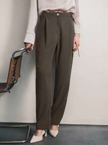 Uhlyne 女士缎面丝绸长款不对称口袋褶皱休闲裤,简约优雅百搭通勤风格,深咖啡棕色,秋季,极简主义,工作服,教师装,返校,秋季,中性服装,商务休闲,老钱风格美拉德风格 - 棕色 - 查看 6