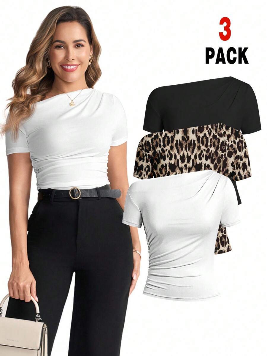 Ellevyn 褶皱不对称领短袖弹力针织纯色优雅T恤，适合女士，春夏、返校、商务休闲场合，也适合教师穿着。另有女士短袖上衣三件装可选，露肩款式。