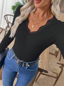 SHEIN LUNE Sudadera casual y versátil de unicolor con ribete de encaje, para primavera/otoño - Negro - Ver 4