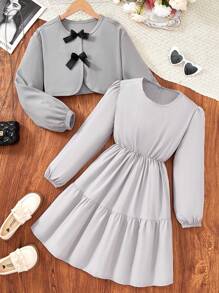 青少年女孩蝴蝶结装饰长袖夹克和连衣裙套装
