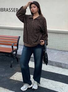 Dazy Plus Plus Size Women Zip-Up Leopard Print Long Sleeve Pullover Hoodie, Street Style Sweatshirt Fall/Winter