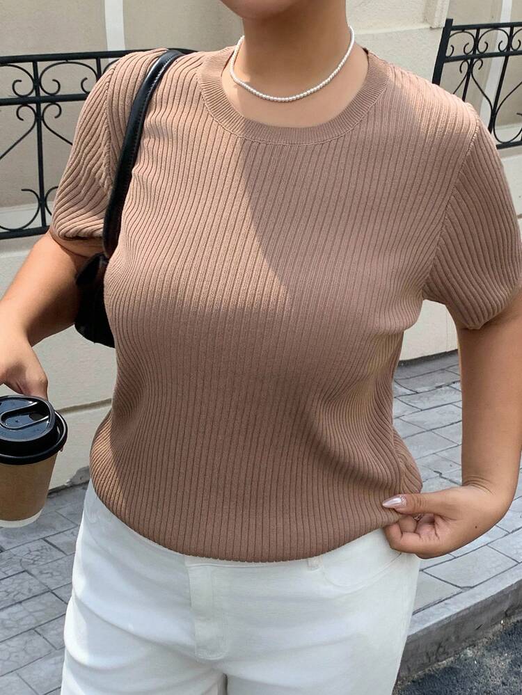 Dazy Plus Plus Size Women Solid Color Round Neck Loose Knit Short Sleeve Sweater Top