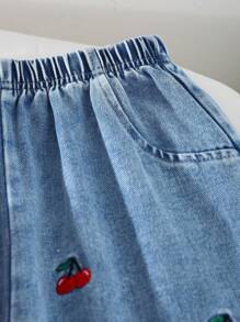 Genkimix Kids Conjunto de Moda Casual Diária Escolar para Meninas, Camisa de Manga Longa com Gola Polo Ajustada de Cor Sólida e Calça Denim de Perna Larga Solta com Cintura Elástica e Bordado de Cereja, Conjunto de Volta às Aulas, Todas as Estações - Vinho - Visão 3