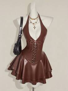 SHEIN ICON Women's Y2k Fashionable Gyaru Concert Women Outfit Club Party Festival Rave Outfit Y2k Going Out Cross Strap PU Leather Open Back Mini Halter Black Dress