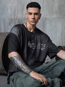 BATMAN X SHEIN Men's Casual Car Print Round Neck Short Sleeve T-Shirt, Summer Batmobile T Shirt Graphic Tees Men Goth Shirt