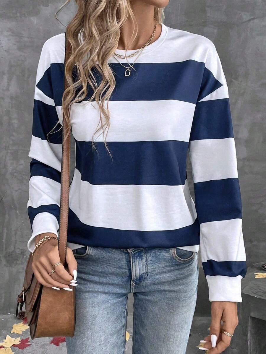EMERY ROSE New Fashion Women's Striped Print Round Neck Casual Sweatshirt Pullover Fall - Multicolor - View 1