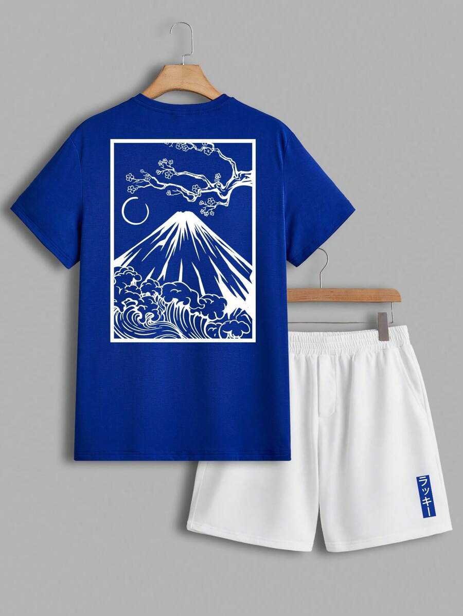 Manfinity Homme Japanese Painting Style Mount & Wave Print Men's Navy Blue Short Sleeve T-Shirt And White Shorts Set, Casual - Blue and White - View 1