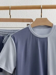 Manfinity VCAY 2件套男士休闲拼接宽松落肩圆领短袖T恤套装 - 藍色 - 查看 5