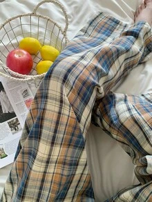 DAZY 格子宽松阔腿裤，女士家居服下装，秋季睡衣 - 藍色 - 查看 5