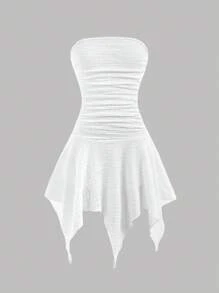 SHEIN 青少年女孩休闲时尚百搭褶皱腰拼接不对称荷叶边下摆连衣裙，白色连衣裙，适合周末、休闲外出、返校、毕业派对、生日聚会、秋冬