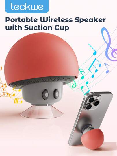 Teckwe 1pc Mushroom Shaped Portable Wireless Stereo Speaker, Suction Cup Stand, Button Control, USB Rechargeable 200mAh Battery, Compact Wireless Subwoofer For Smartphone/Tablet, Perfect For Travel And Outdoor Use, Red