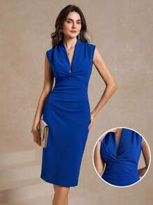 Amorya Élégante Robe sans manches bleue pour femme avec col en V torsadé et coupe ajustée