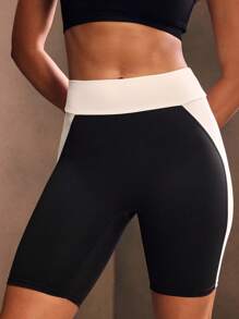 Powerista 撞色拼布高腰无缝运动短裤 - 黑與白 - 查看 3
