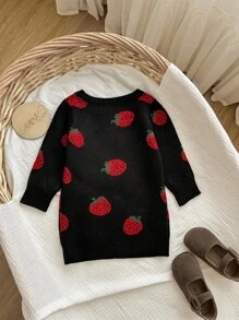SHEIN Đầm dệt kim dài tay cổ tròn họa tiết dâu tây cho bé gái, quần áo trẻ em họa tiết dâu tây, áo len cho bé gái, áo len họa tiết dâu tây cho bé, quần áo mùa thu đông cho bé gái. - Nhiều màu - Xem 5