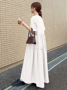 FRIFUL 女士圆领撞色荷叶边宽松短袖休闲中长连衣裙，夏季白色连衣裙，宽松连衣裙，府绸连衣裙，层叠连衣裙，吊带裙 - 白色 - 查看 4