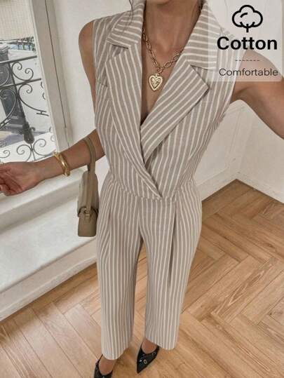 Siren Gaze 女士条纹翻领无袖阔腿宽松休闲连体裤