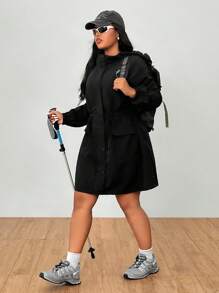 SHEIN EZwear 大码女式黑色长款束腰风衣，秋冬装、秋季、返校装、商务休闲装、办公室装、工作装、教师装 - 黑色 - 查看 7