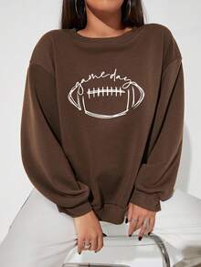 SHEIN EZwear 字母&美式足球圖案落肩袖運動衫不帶襯衫 - 棕色 - 查看 3