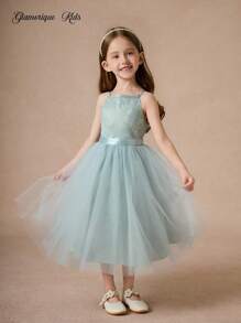 Glamorique Kids 4 件套女童无袖薄纱蓬松公主裙，花童婚礼派对生日伴娘礼服 - 薄荷綠 - 查看 2