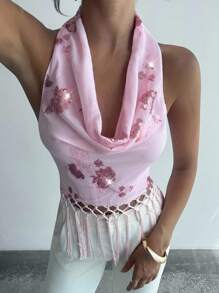 Firerie Women's V Neck Sequin Embroidered Textured Tassel Top Elegant Vacation Sequin Fringe Cami Top For Woman Vacation, Spring/Summer Wear, Festival/Party/Homecoming/Music Festival All-Match Summer Wedding Guest Female/Beachwear, Commute, Elegant, Sexy, Vacation, Beach, Bohemian, Hawaii, Music Festival, Romantic, Date - Mocha Brown - View 2