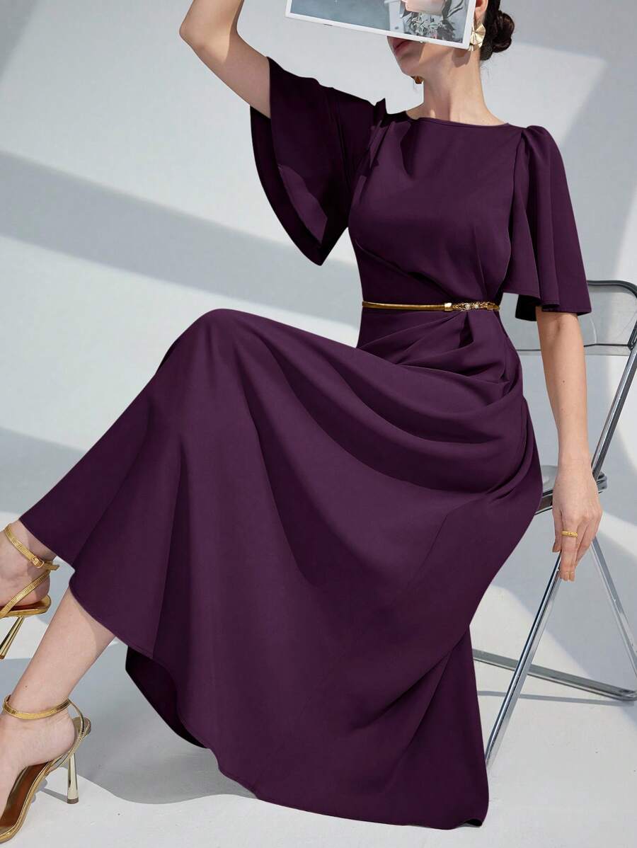 Modelyn 女士纯色圆领荷叶边短袖连衣裙长款晚礼服 - 紫色 - 查看 1