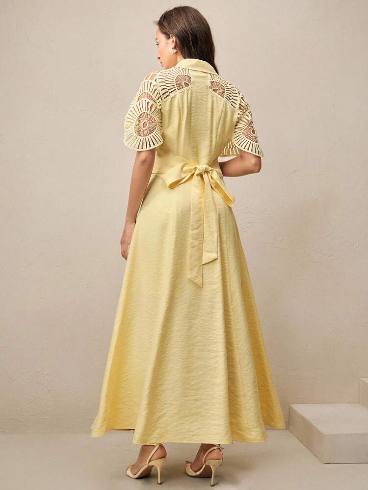 Women's Single-Breasted Hollow-Out Patchwork Long Shirt Dress