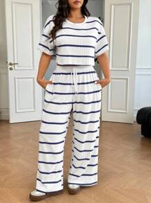 SHEIN EZwear Plus Size Striped T-Shirt And Casual Pants 2 Pieces Set, Summer - Multicolor - View 6