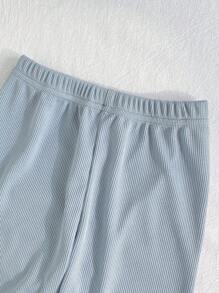 Girls 2-Piece Set, Back To School Sleepwear, Princess Style With Bow, Ribbed Pattern Loose Fitting Cap Sleeve Top And Long Pants, Suitable For Spring/Summer/Autumn, Lightweight - Blue - View 3