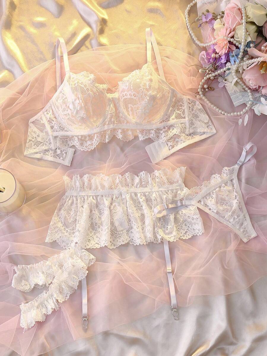5pcs Floral Lace Underwire Garter Lingerie Set - White - View 1