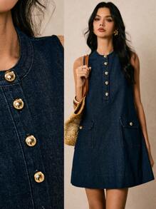 Poéselle 新款女式牛仔连衣裙半开襟无袖A字直筒连衣裙蓝色秋季服装法式休闲女士休闲连衣裙度假连衣裙返校节连衣裙外出连衣裙老款连衣裙返校生日女士连衣裙女士教师装