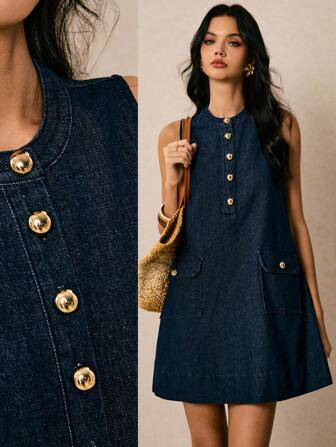 Poéselle New Arrival Women's Denim Dress Half Placket Sleeveless A-Line Straight Dress Blue Autumn Clothing French Casual Casual Dresses For Woman Vacation Dress Homecoming Dress Going Out Dress Old Money Dress Back To School Birthday Dresses For Women Teacher Outfits For Women Button Dress Gold Button Dress Sleeveless Denim Dress
