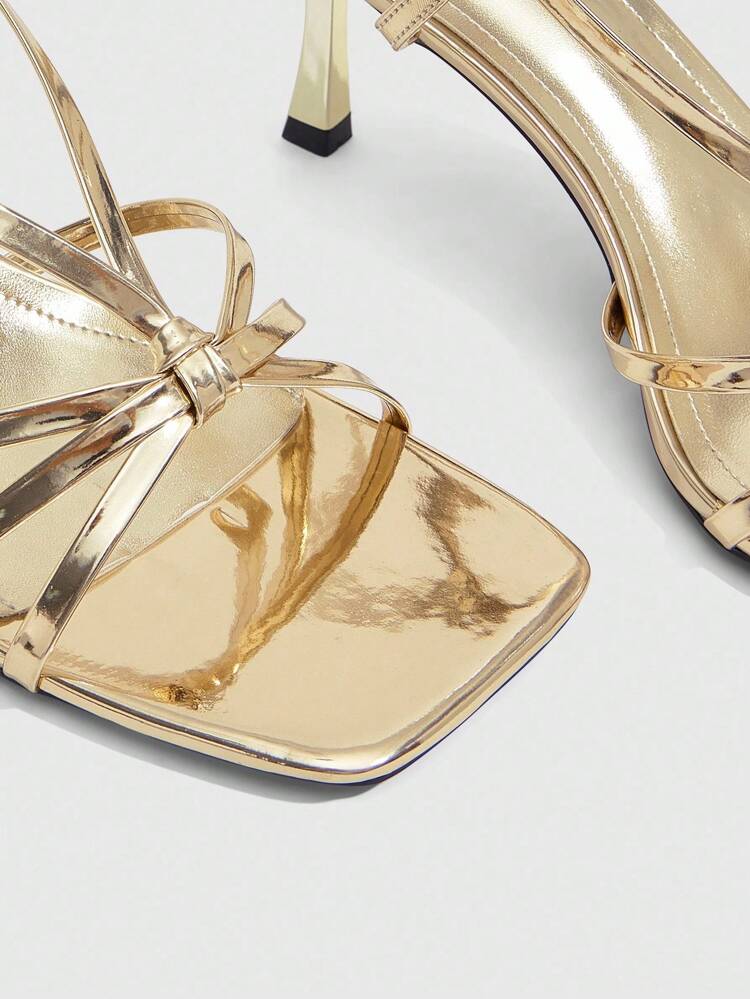 CUCCOO SZL Sexy New Summer Gold Criss-Cross Strap Fashionable Elegant Women's High Heel Sandals, Slim Strap Square Toe Stiletto Heels Open Toe Sandals For Christmas Spring Shoes Prom Heels