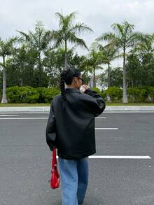 Muchica 2025 新款极简主义女式纯色 PU 皮革翻领长袖双排扣宽松休闲夹克秋季女式冬季返校 Y2k 2000 年代风格街头服饰朋克返校节万圣节商务休闲女式哥特韩版外出 - 黑色 - 查看 2