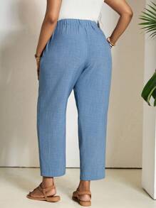 SHEIN PETITE CURVE Plus Size Solid Color Casual Trousers With Elastic Waist And Diagonal Pockets Women Pants Elastic Waist Pants, Suitable For People Of Shorter Stature,Business Casual Woman, Wearable In All Seasons - Dusty Blue - View 2