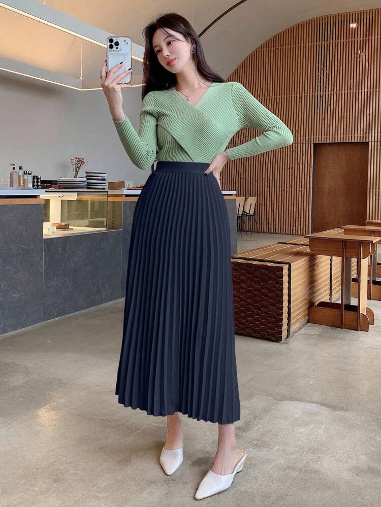 Women's Solid Color Pleated A-Line Skirt, Elegant For Spring/Summer Fall,Winter