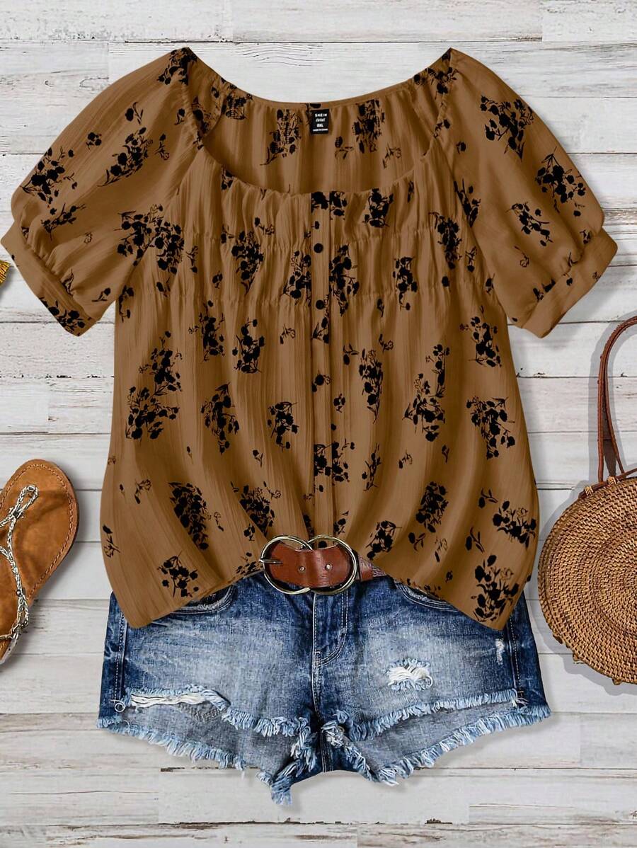 SHEIN LUNE Camisa casual de verão estampada feminina - Castanho - Ver 1