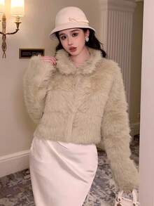 DAZY 新款厚款短款高端蓬松夹克仿皮草大衣 - 杏色 - 查看 3