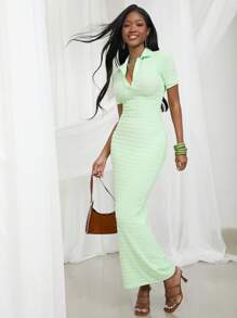 NYA SZN Dress Maxi Spring Collared Short Sleeve Textured Fitted Festival Summer Maxi Day Vacation Modest Spring Break Graduation Wedding Guest Special Occasion Bridal Dinner Prom Statement Festival Outfits For Women - Green - View 3