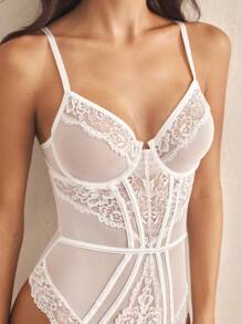 Charlaine Contrast Lace Mesh Underwire Teddy Bodysuit Lingerie UnderwearOuter - White - View 5