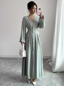 Elenzga 女士优雅复古腰带褶皱长袖中长连衣裙，适合办公室、通勤、海滩度假、休闲下午茶、春夏季 - 薄荷綠 - 查看 3