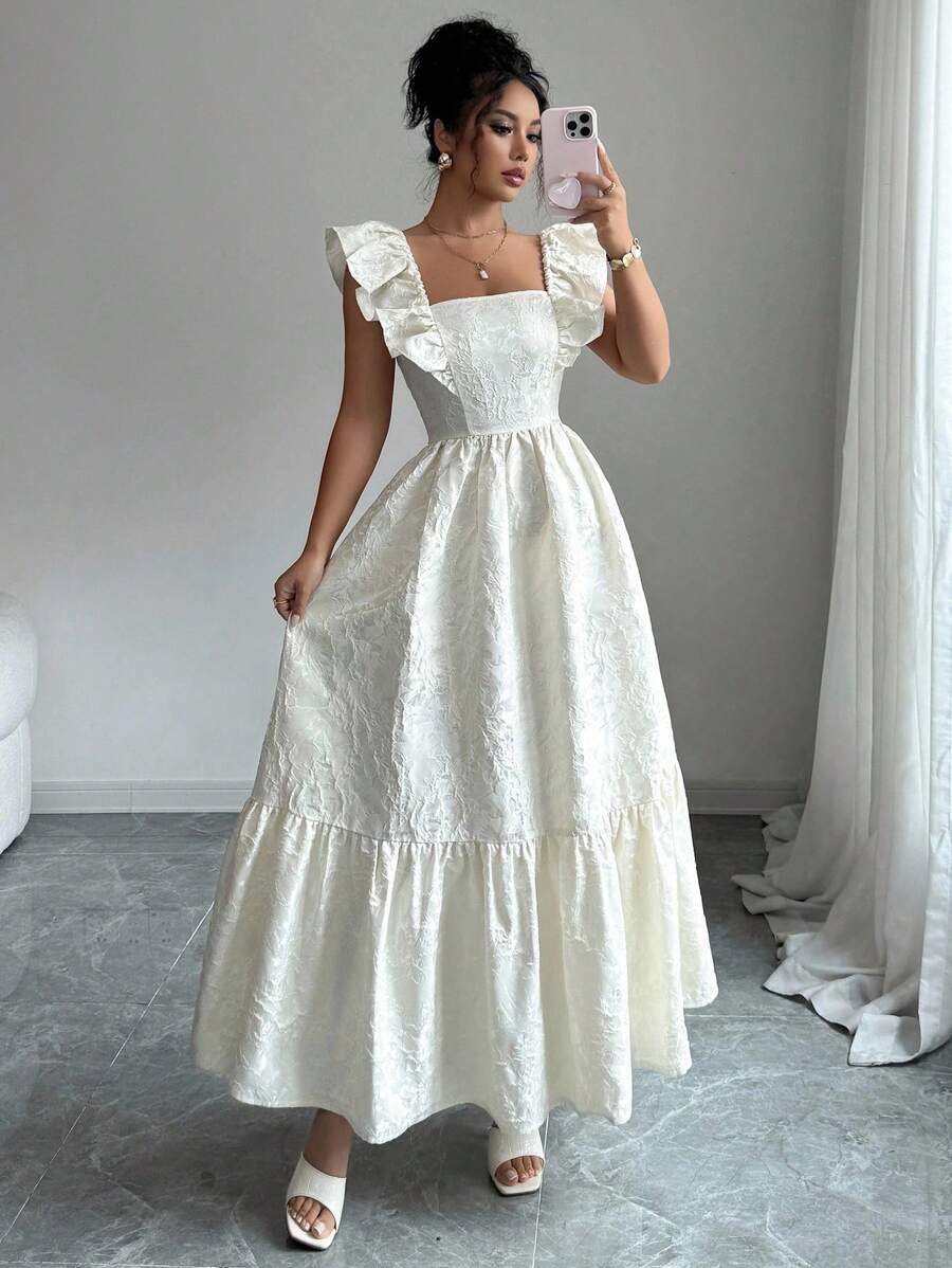 Selianne Vestido elegante de mujer con bajo de volantes en jacquard, para verano - Albaricoque - Ver 1